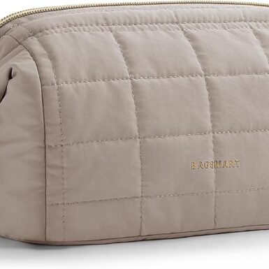 BAGSMART Makeup Bag Travel Toiletry Bag, Puffy Padded Make Up Bags for Women Makeup Organizer Case, Wide-open Pouch Purse Travel Essentials Toiletries Accessories Brushes, Camel